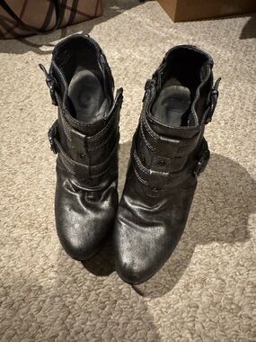 G by Guess Pewter Buckle Ankle Boots